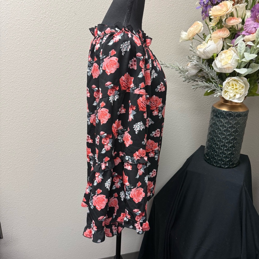 Panhandle Floral Off-Shoulder Black Ruffle Long Sleeve Boho Western Top M - Picture 4 of 8